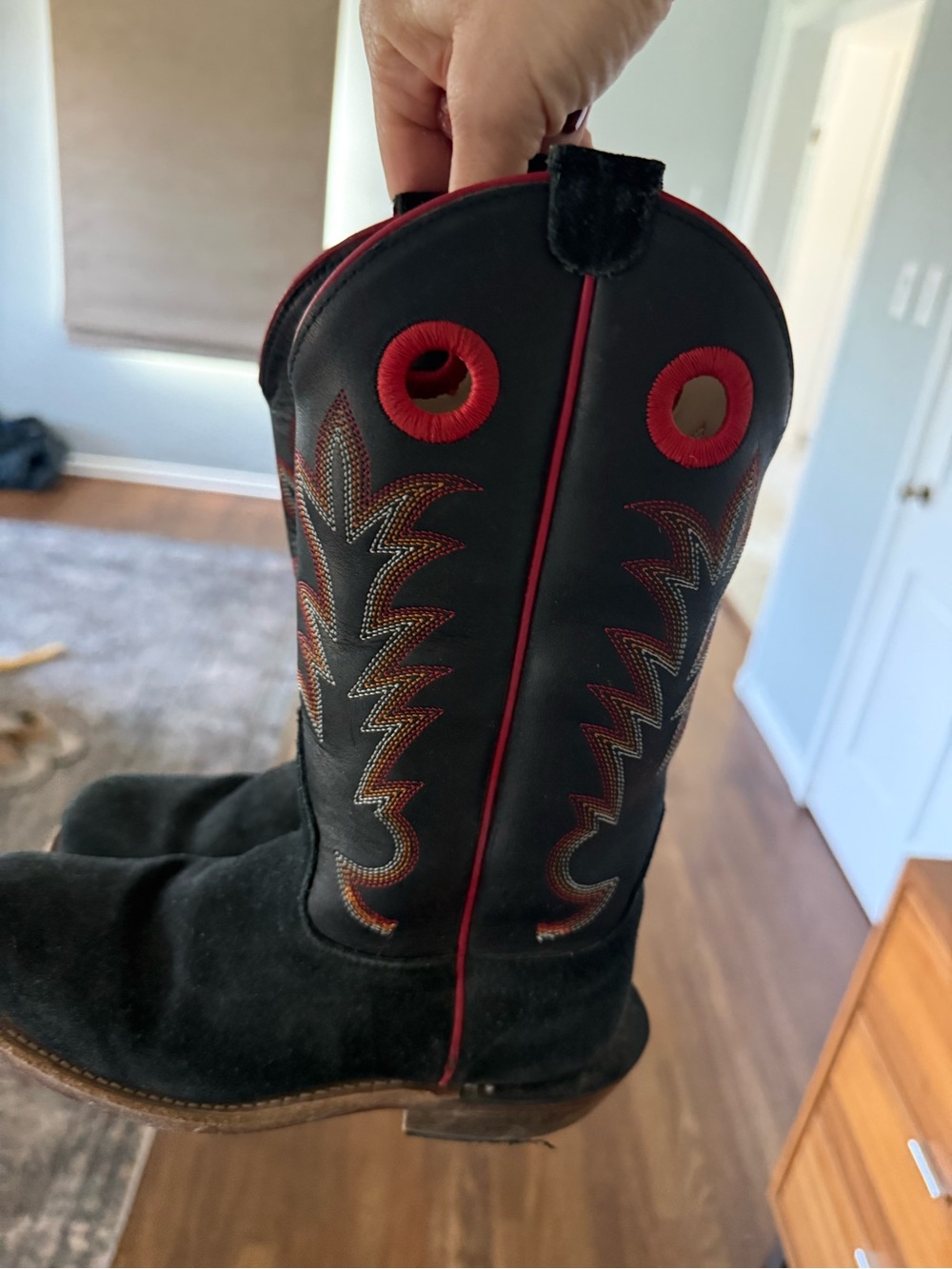 Old West Black Cowboy Boots with Red Trim and Multicolor Stitching